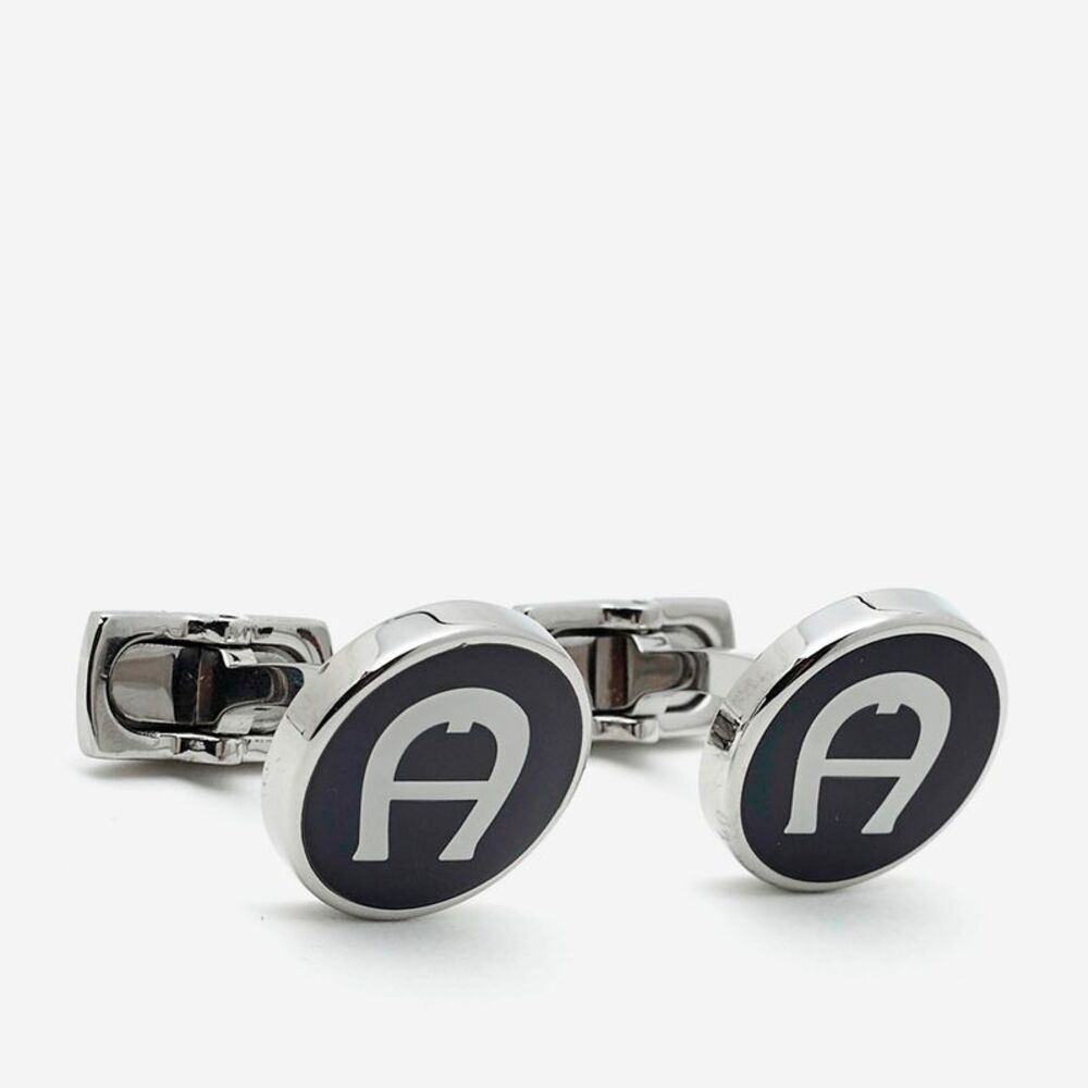 Aigner Logo Enamel Silver Tone Cufflinks